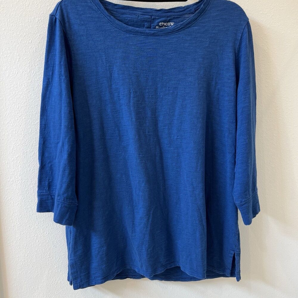 Chico's The Ultimate Tee Shirt Womens Size 2 US Large Blue Button Back Casual